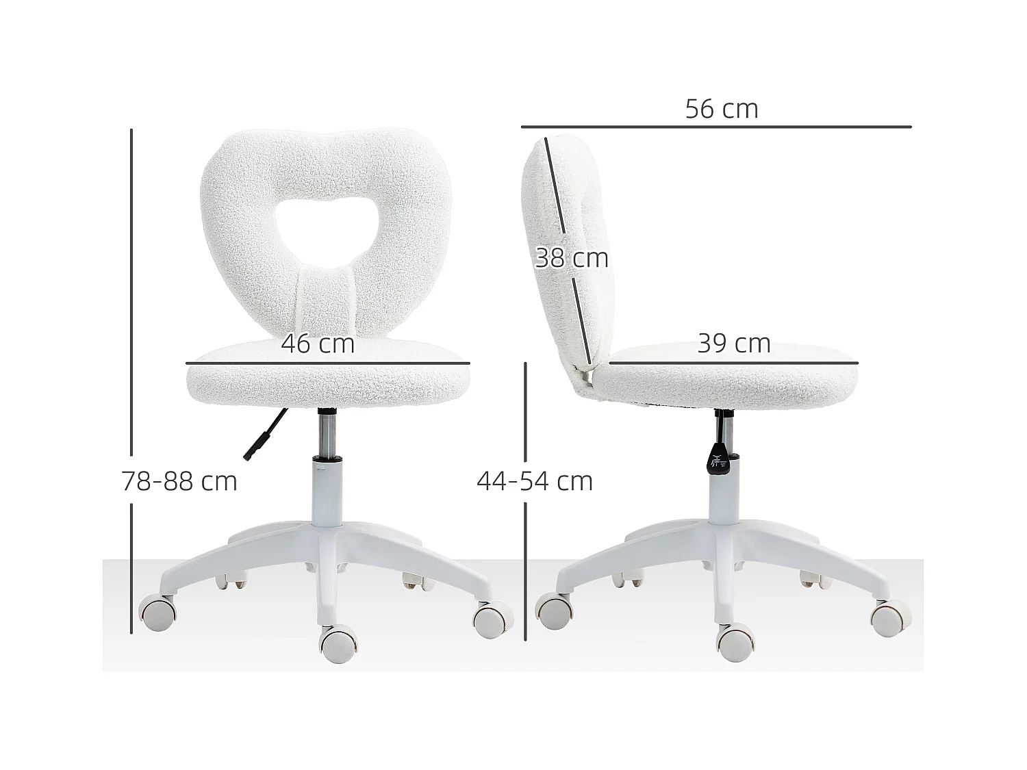 Chaise de bureau pivotante avec dossier en forme de cœur, tissu en velours, blanc (56x45x88 cm)