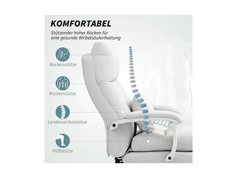 Chaise de bureau ergonomique avec soutien lombaire, dossier haut, repose-pieds, en polyester, crème (70x68x122 cm)