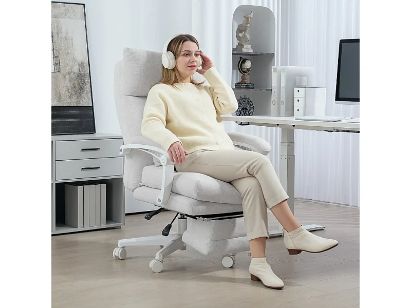 Chaise de bureau ergonomique avec soutien lombaire, dossier haut, repose-pieds, en polyester, crème (70x68x122 cm)