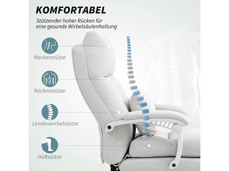 Chaise de bureau ergonomique avec soutien lombaire, dossier haut, repose-pieds, en polyester, crème (70x68x122 cm)