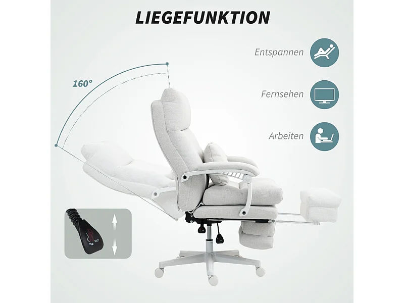 Chaise de bureau ergonomique avec soutien lombaire, dossier haut, repose-pieds, en polyester, crème (70x68x122 cm)