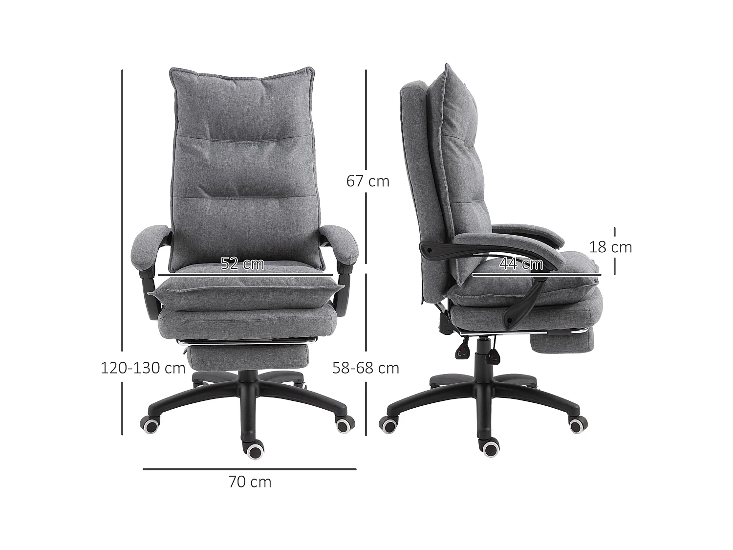 Fauteuil de bureau ergonomique avec massage, repose-pieds escamotable, polyester, gris (70x62x130cm)