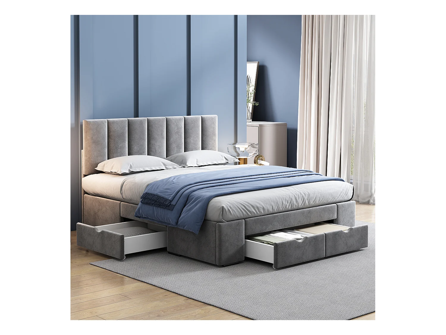 Lit rembourré 140x200 cm avec tête de lit, sommier à lattes et 4 tiroirs, en velours gris (140x200 cm)