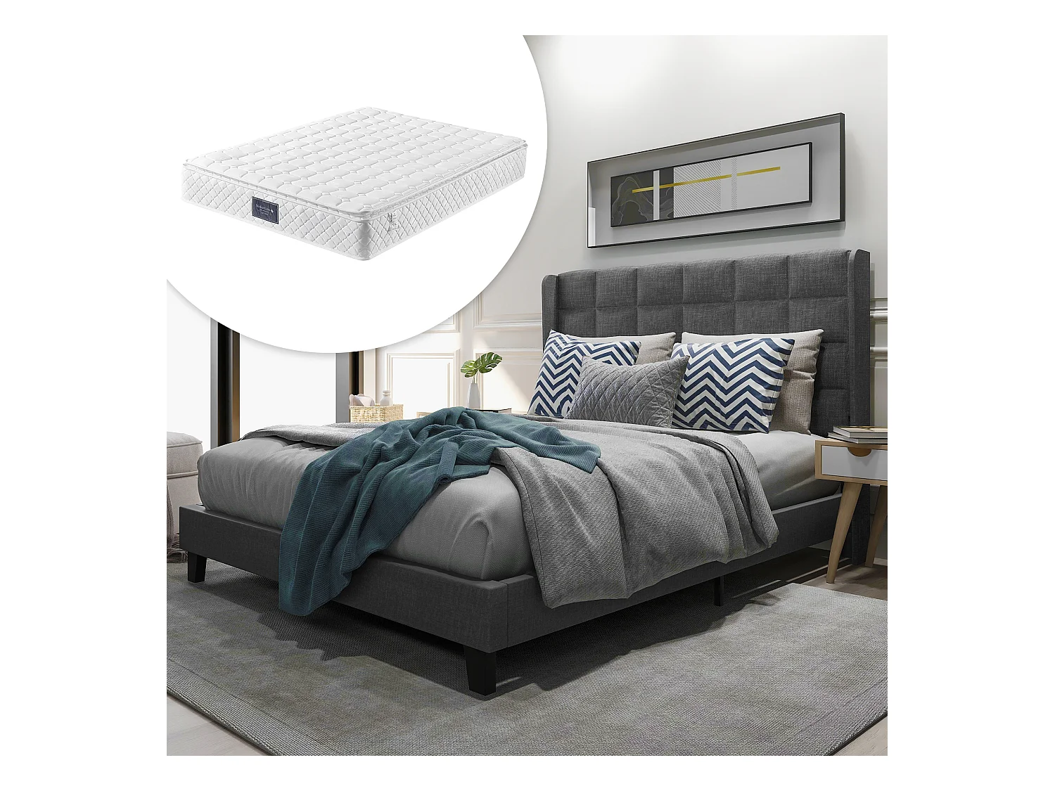 Lit tapissé double avec sommier, tête de lit rembourrée, lin gris (146x208x111cm)