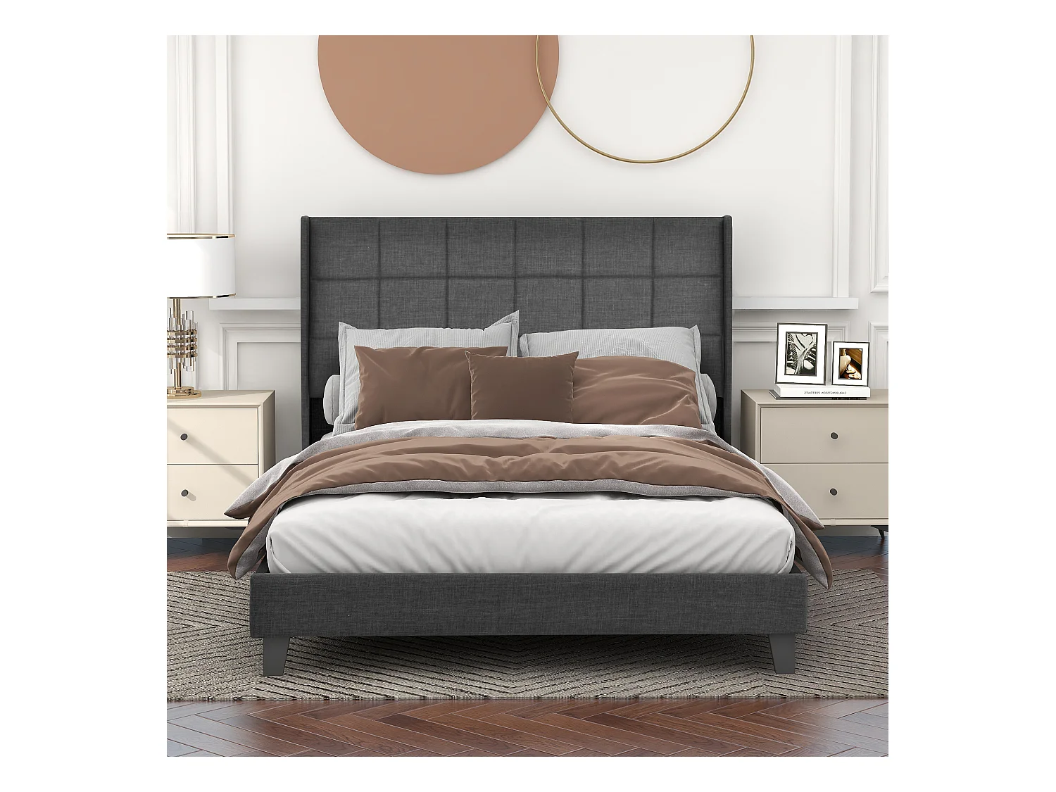 Lit tapissé double avec sommier, tête de lit rembourrée, lin gris (146x208x111cm)