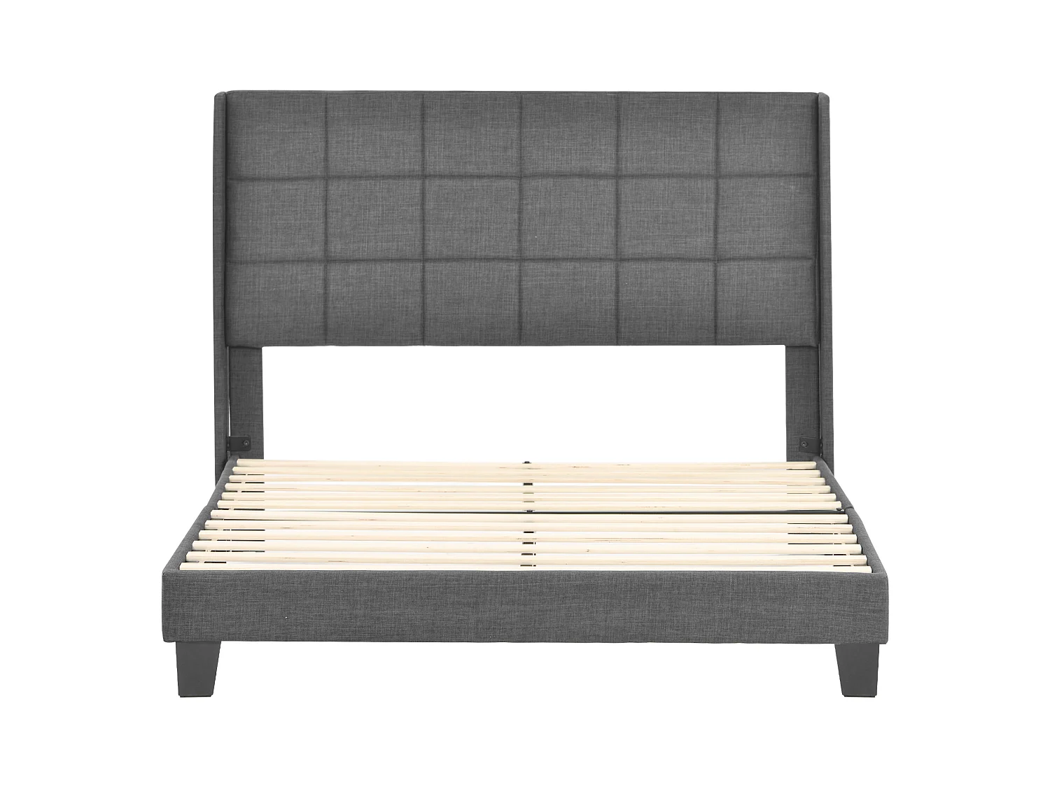 Lit tapissé double avec sommier, tête de lit rembourrée, lin gris (146x208x111cm)