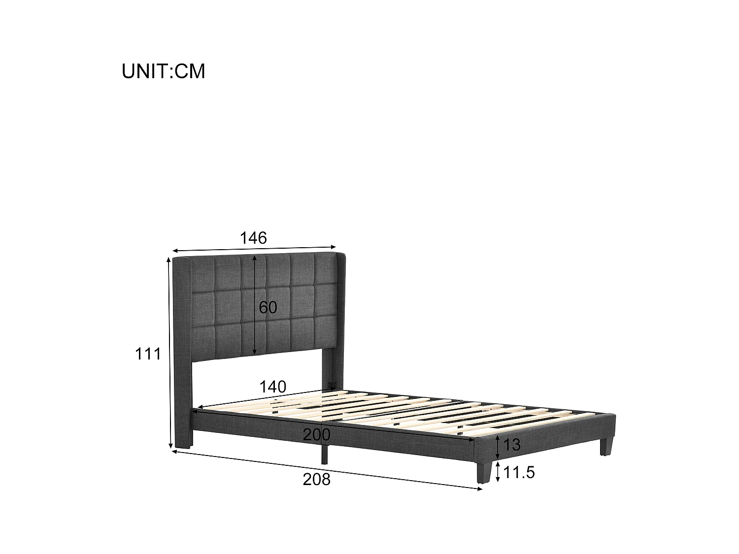 Lit tapissé double avec sommier, tête de lit rembourrée, lin gris (146x208x111cm)