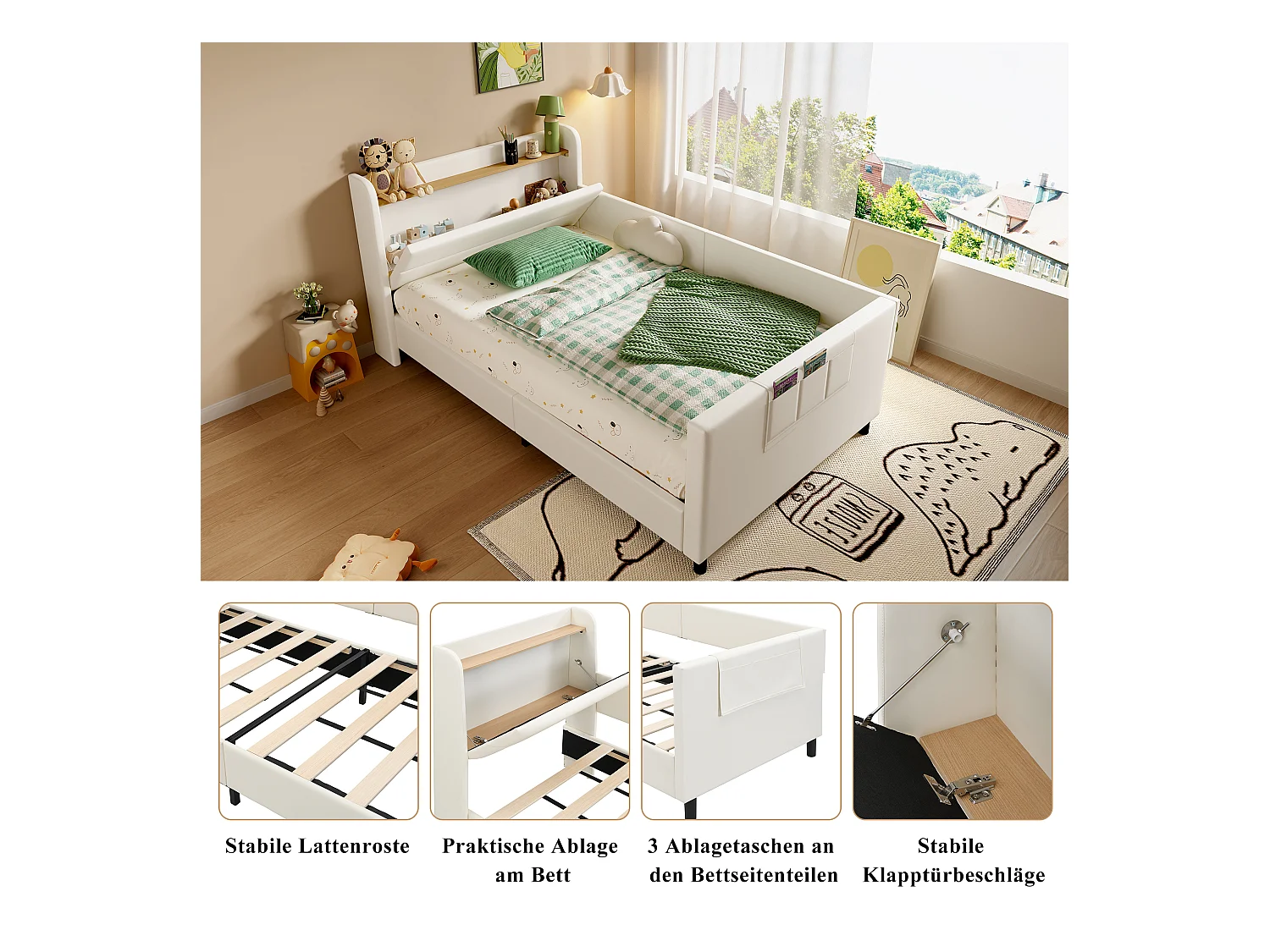 Cama tapizada 160x200 cm, LED, USB, cabecero con baldas y almacenaje, almacenaje hidráulico, estructura de metal, lino beige (213x167x110,5 cm)