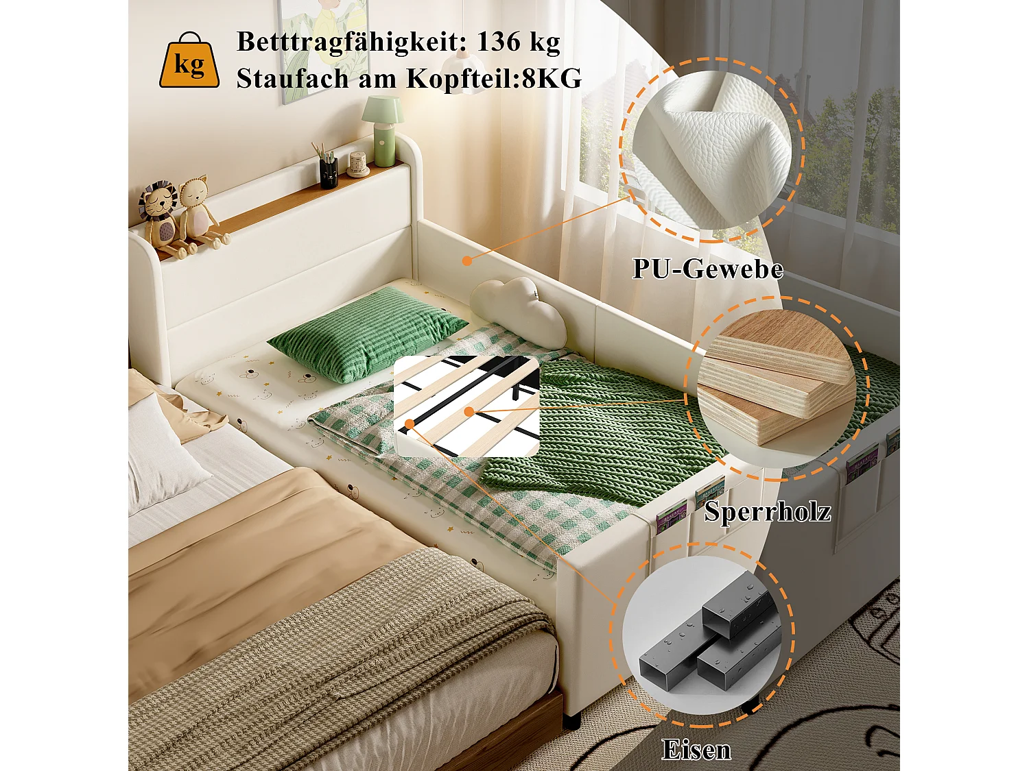 Lit rembourré 160x200 cm, LED, USB, tête avec étagères et rangement, stockage hydraulique, cadre métal, lin beige (213x167x110.5 cm)