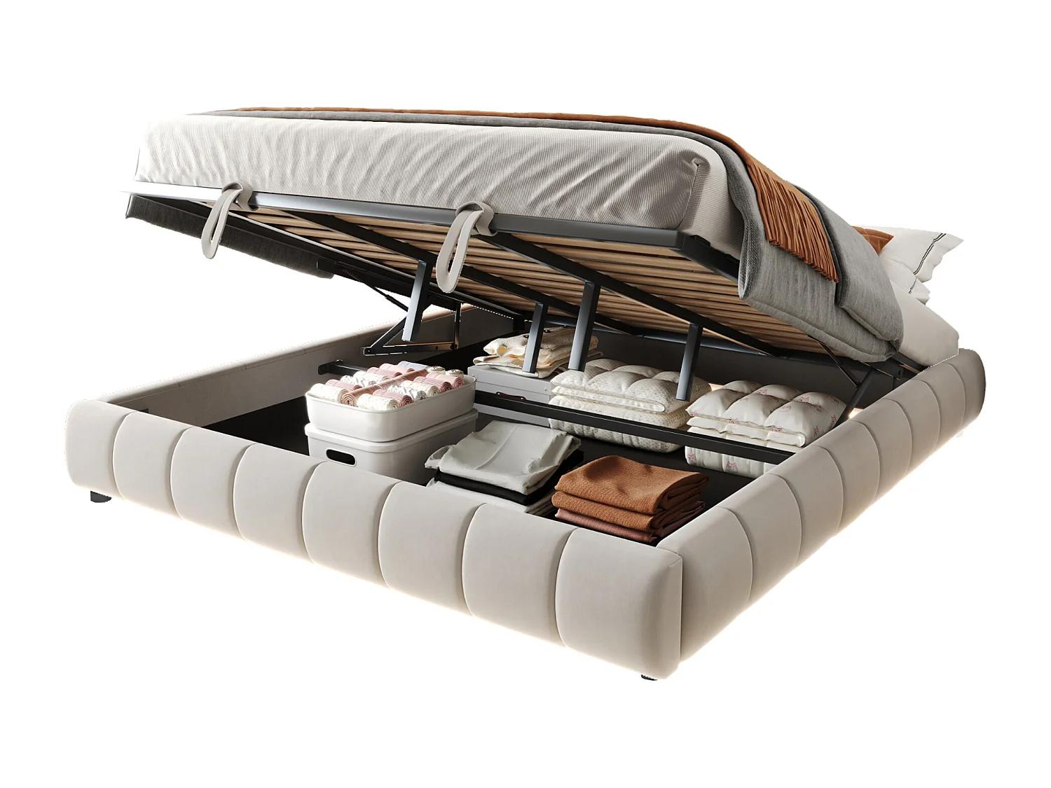 Letto con contenitore idraulico 180x200 cm, senza testiera, con LED integrato, rete flottante, beige (214,5x195x29,5 cm)