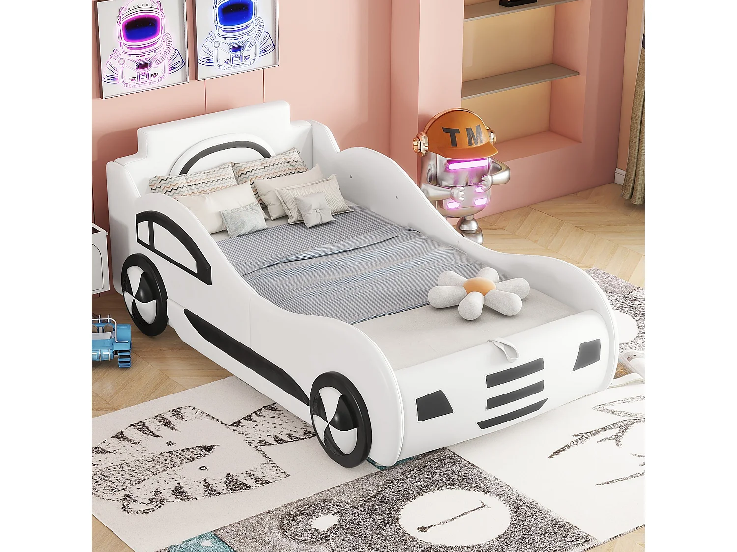 Lit voiture pour enfants, 90x200cm, avec sommier à lattes, espace de rangement sous le lit, design moderne, blanc (219x100x86 cm)