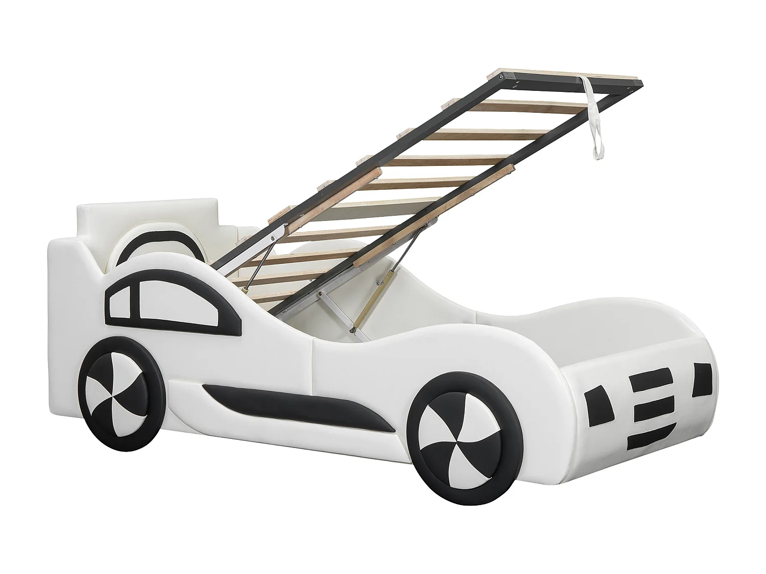 Lit voiture pour enfants, 90x200cm, avec sommier à lattes, espace de rangement sous le lit, design moderne, blanc (219x100x86 cm)