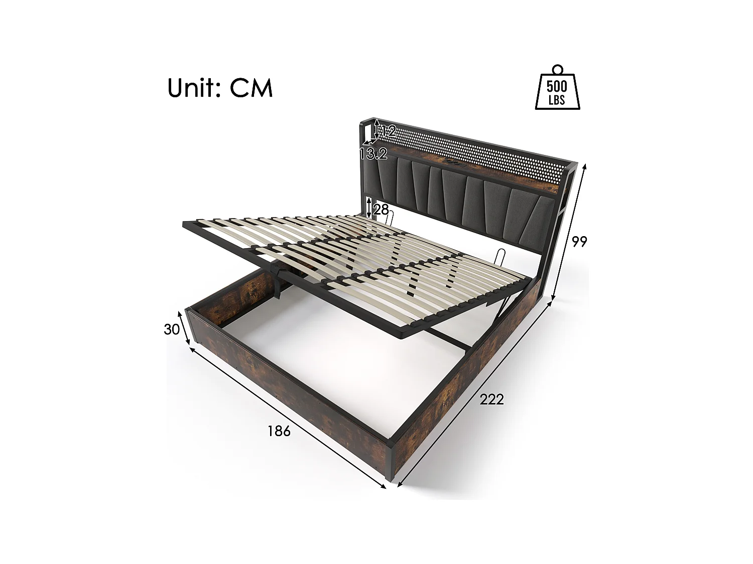 Lit métal double avec LED RGBW, contrôle appli, USB et prises, lin gris (186x222x99cm)
