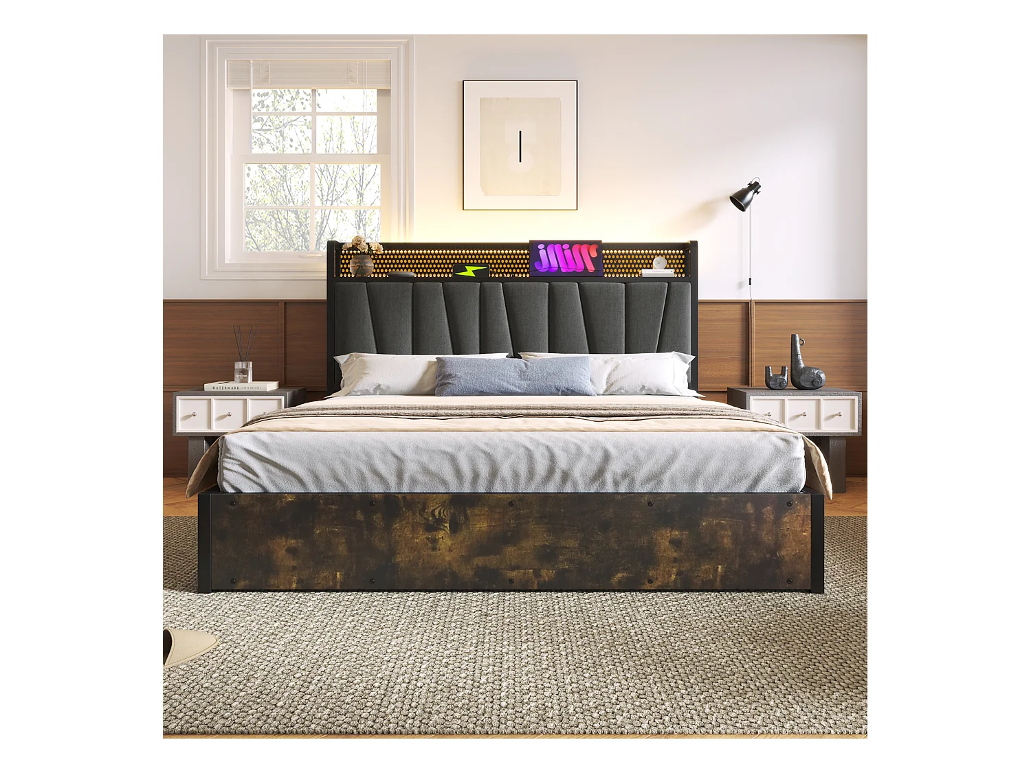 Lit métal double avec LED RGBW, contrôle appli, USB et prises, lin gris (186x222x99cm)