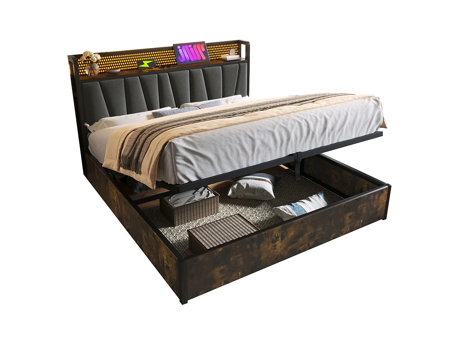 Lit métal double avec LED RGBW, contrôle appli, USB et prises, lin gris (186x222x99cm)