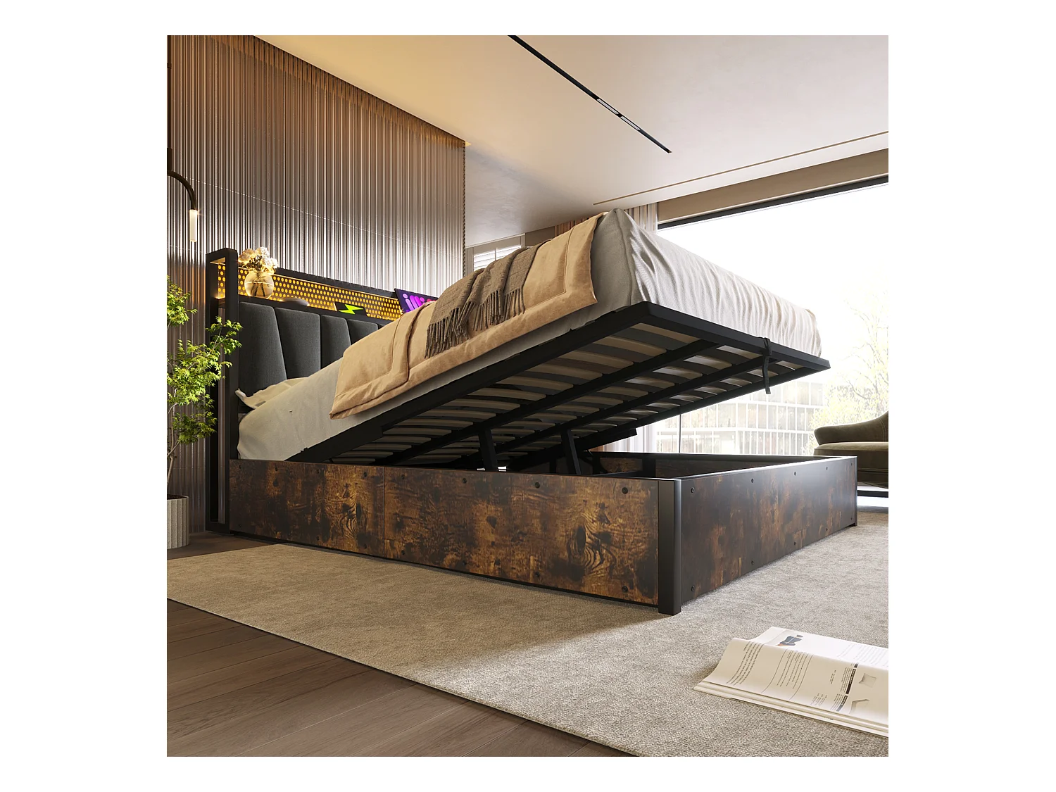 Lit métal double avec LED RGBW, contrôle appli, USB et prises, lin gris (186x222x99cm)