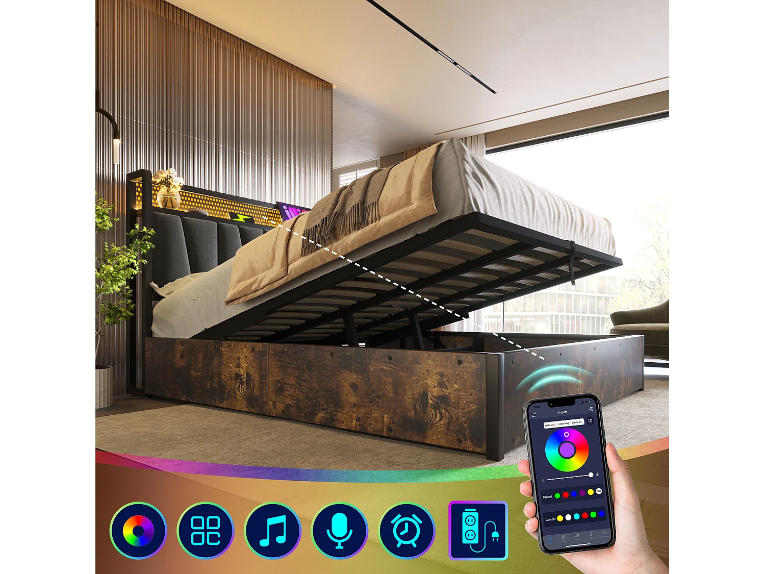 Lit métal double avec LED RGBW, contrôle appli, USB et prises, lin gris (186x222x99cm)