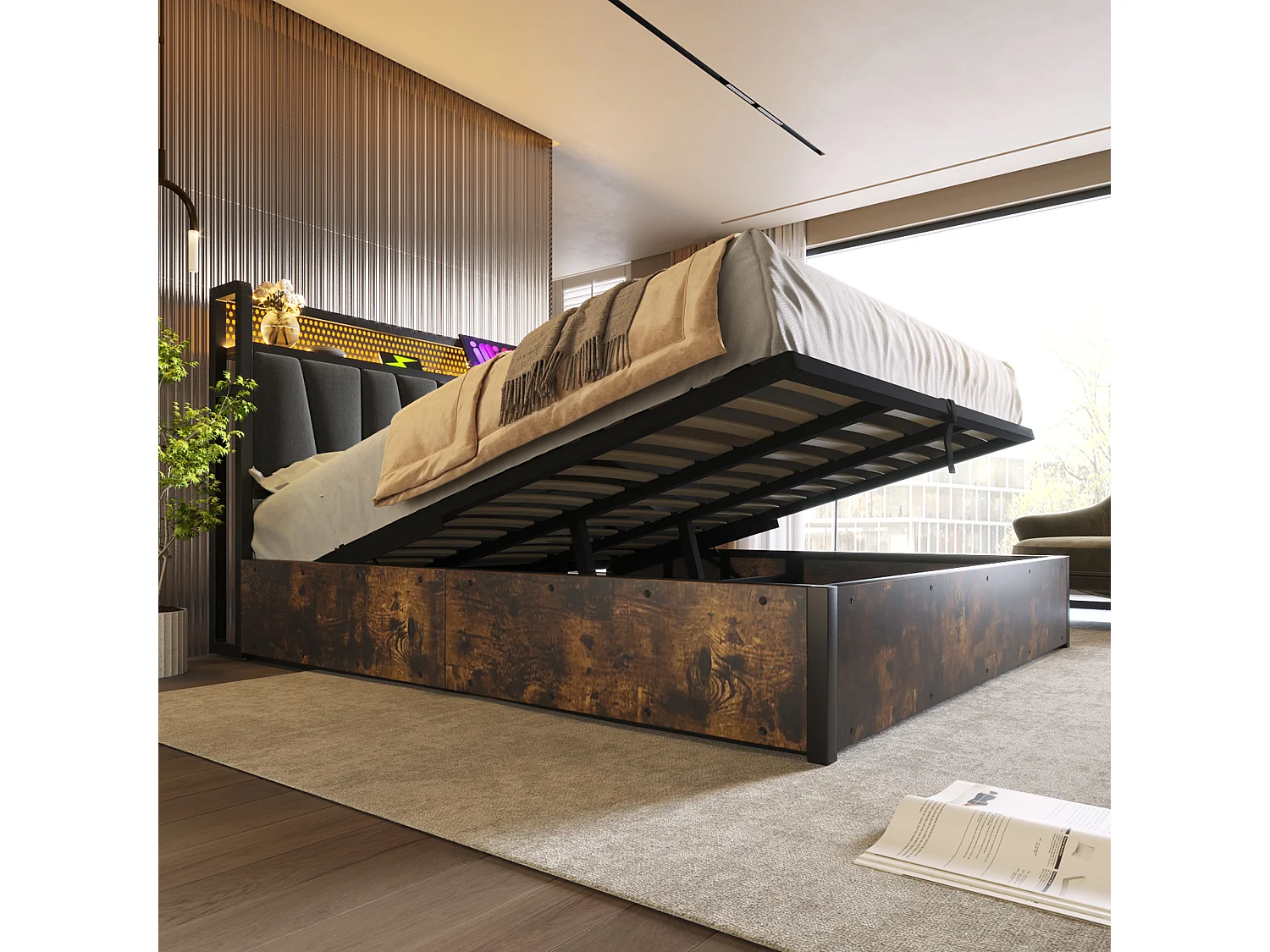 Lit métal double avec LED RGBW, contrôle appli, USB et prises, lin gris (186x222x99cm)