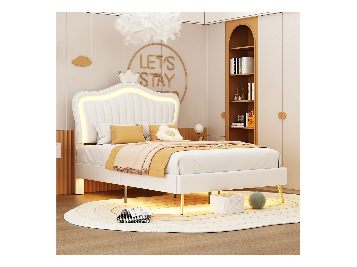 Lit enfant 90x200cm, cadre couronne en PU cuir avec LED, sommier et tête de lit, blanc (203x102x122cm)