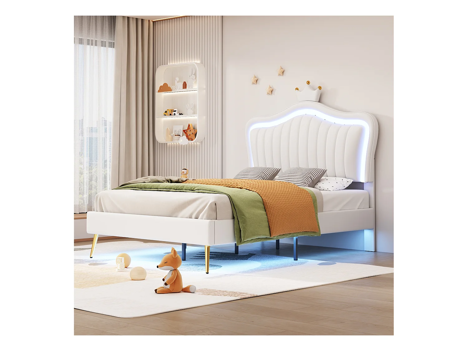 Lit enfant 90x200cm, cadre couronne en PU cuir avec LED, sommier et tête de lit, blanc (203x102x122cm)