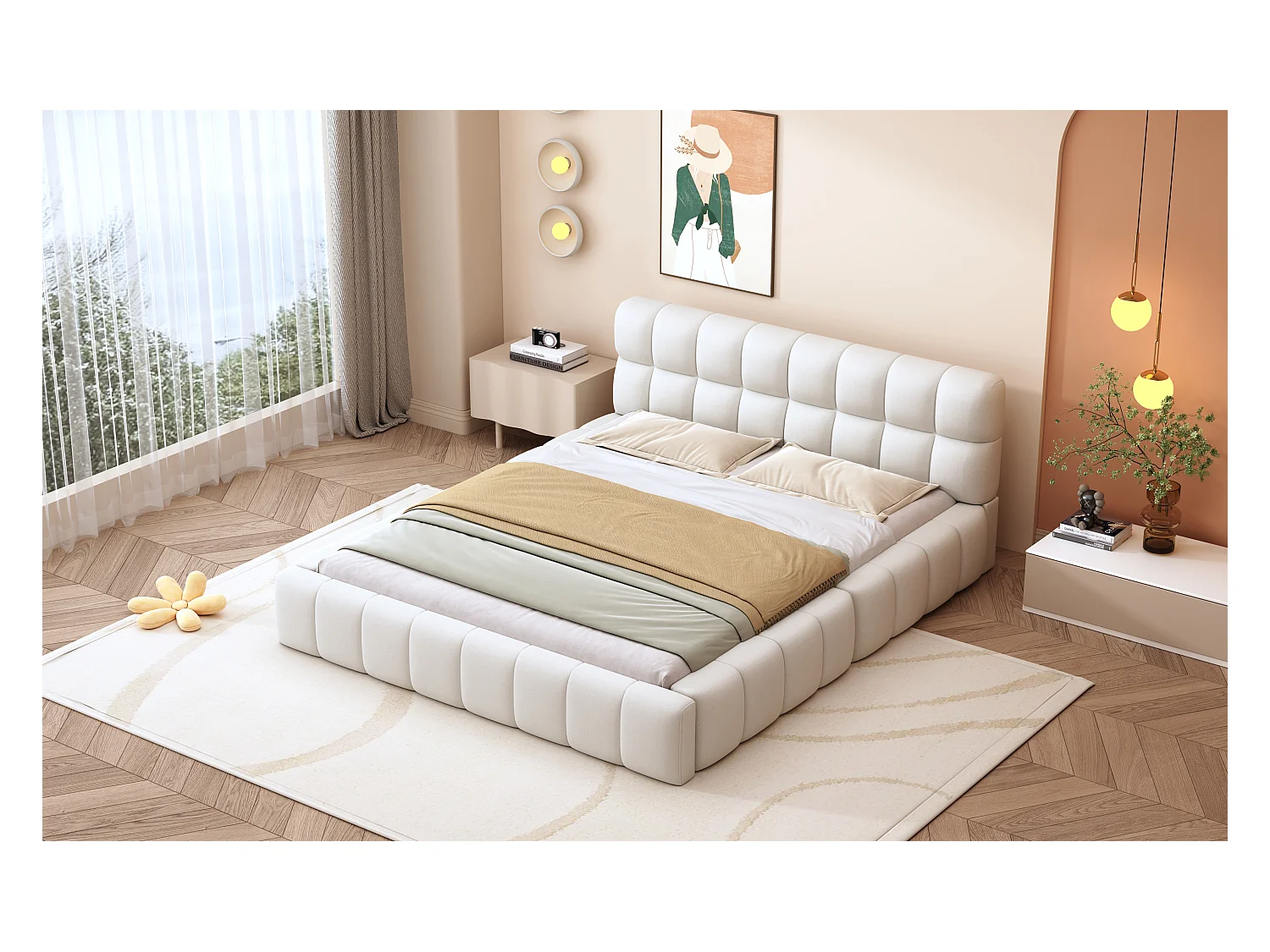 Letto 140x200cm, letto matrimoniale con schienale imbottito, struttura imbottita, rete a doghe, lino beige (216,5x155x66cm)