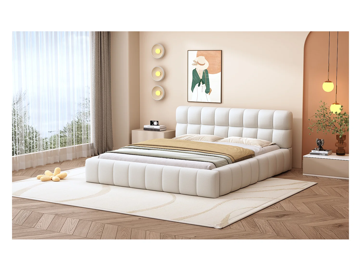Letto 140x200cm, letto matrimoniale con schienale imbottito, struttura imbottita, rete a doghe, lino beige (216,5x155x66cm)