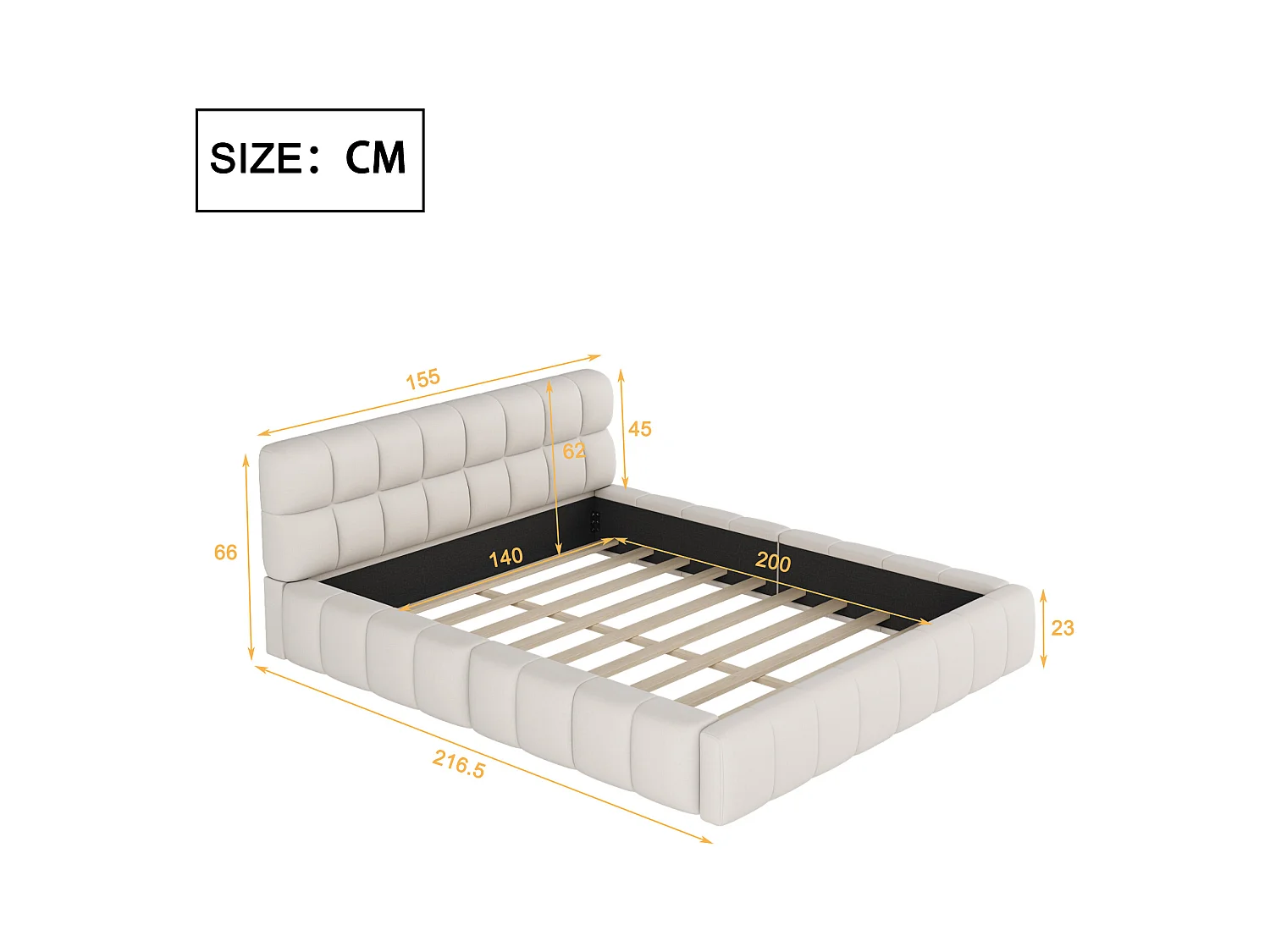 Letto 140x200cm, letto matrimoniale con schienale imbottito, struttura imbottita, rete a doghe, lino beige (216,5x155x66cm)