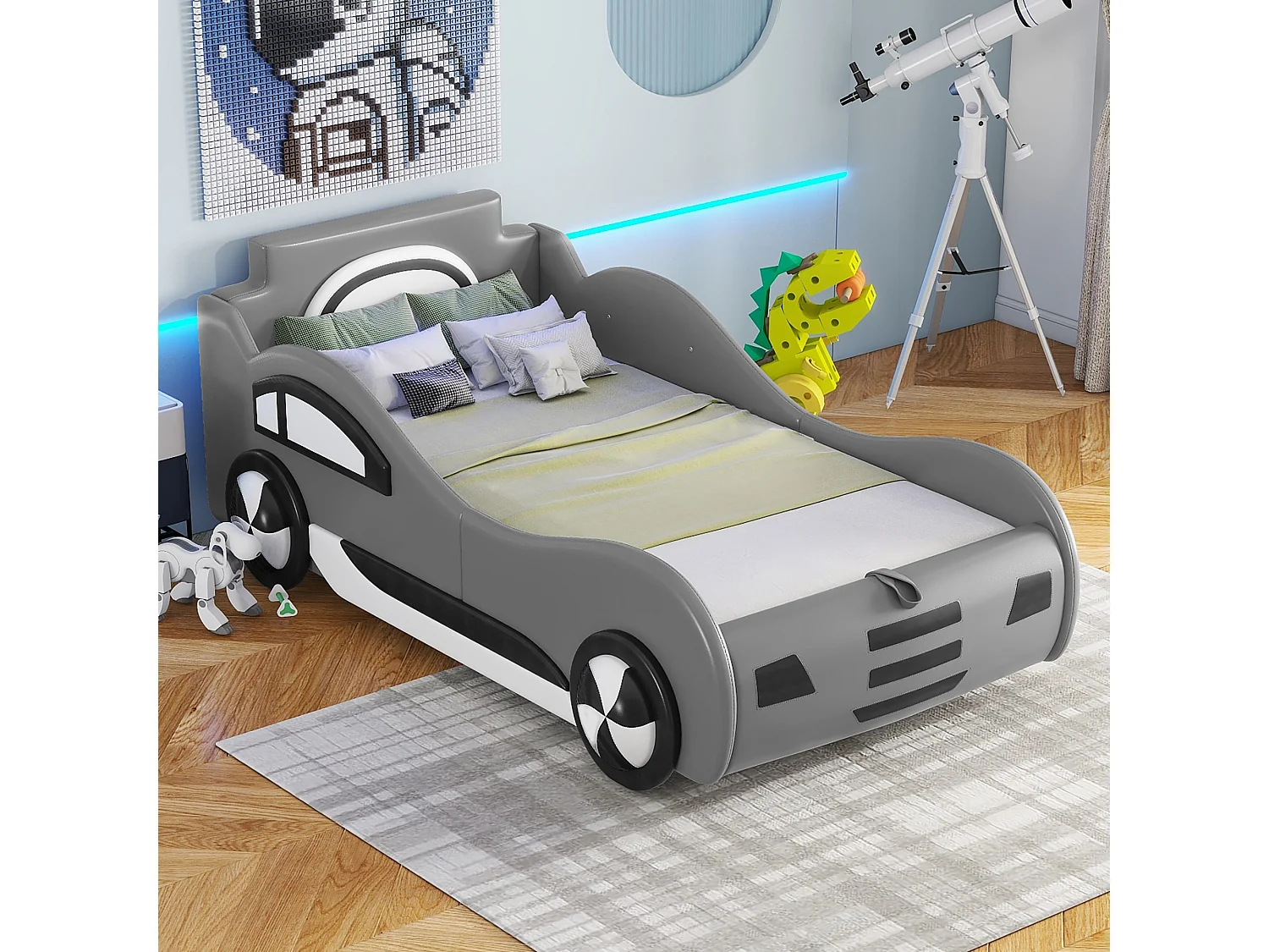 Lit voiture pour enfants, 90x200cm, avec sommier à lattes, tiroir de rangement et échelle, en MDF, gris (219x100x86 cm)