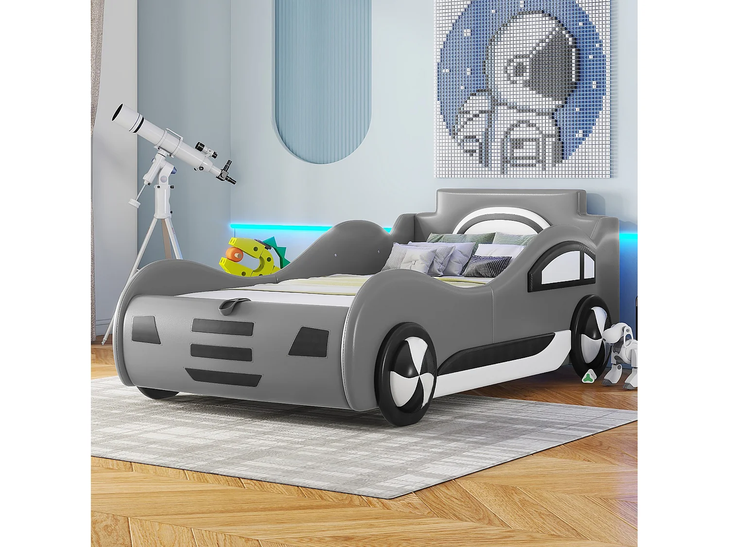 Lit voiture pour enfants, 90x200cm, avec sommier à lattes, tiroir de rangement et échelle, en MDF, gris (219x100x86 cm)