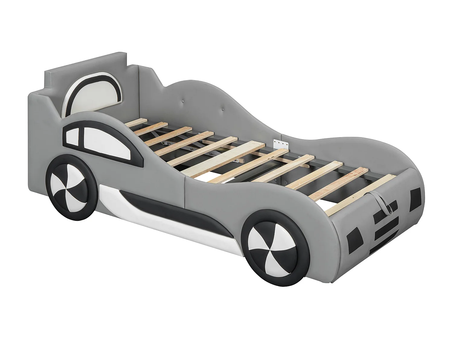 Lit voiture pour enfants, 90x200cm, avec sommier à lattes, tiroir de rangement et échelle, en MDF, gris (219x100x86 cm)