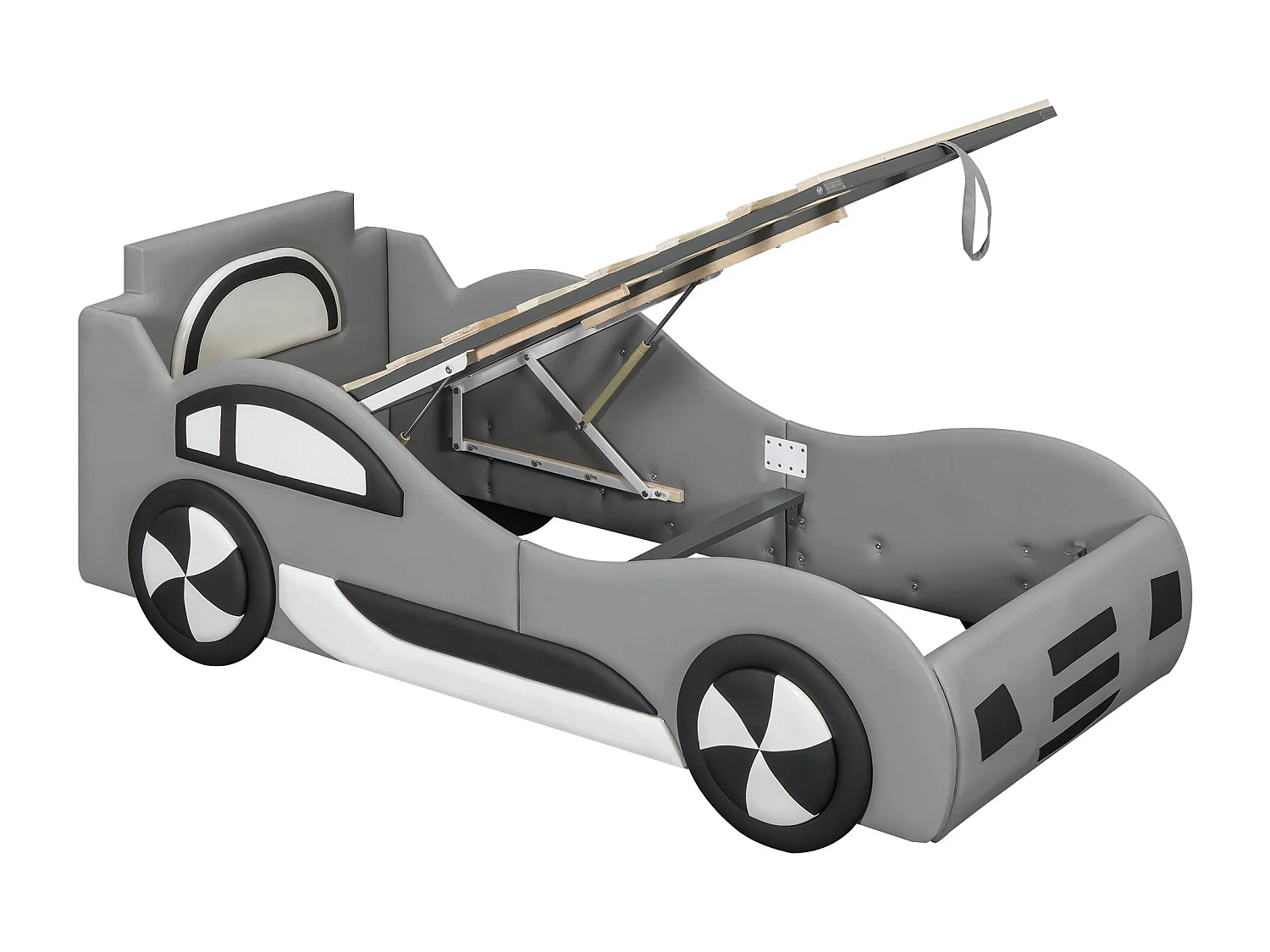 Lit voiture pour enfants, 90x200cm, avec sommier à lattes, tiroir de rangement et échelle, en MDF, gris (219x100x86 cm)