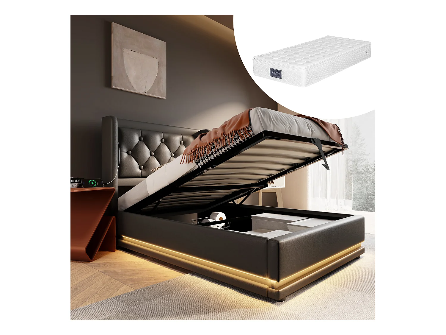 Eenpersoonsbed met 3-zijdige LED, hydraulisch en opbergbaar, hoofdeinde met USB-C, zwart PU, 90x200 cm