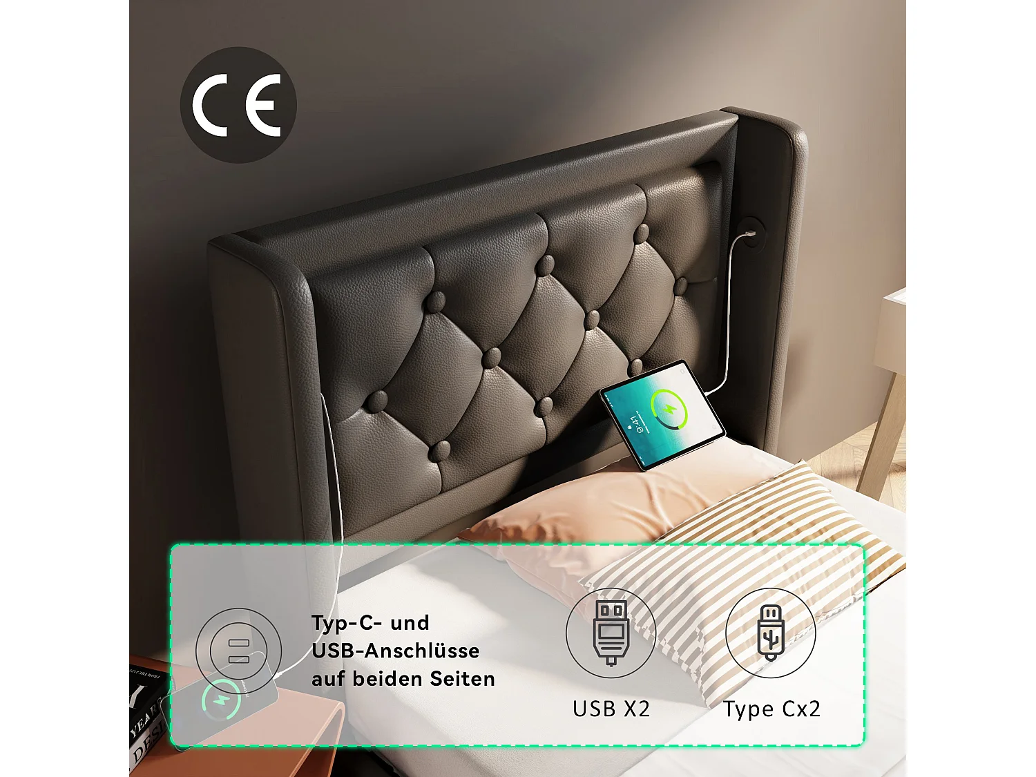 Eenpersoonsbed met 3-zijdige LED, hydraulisch en opbergbaar, hoofdeinde met USB-C, zwart PU, 90x200 cm