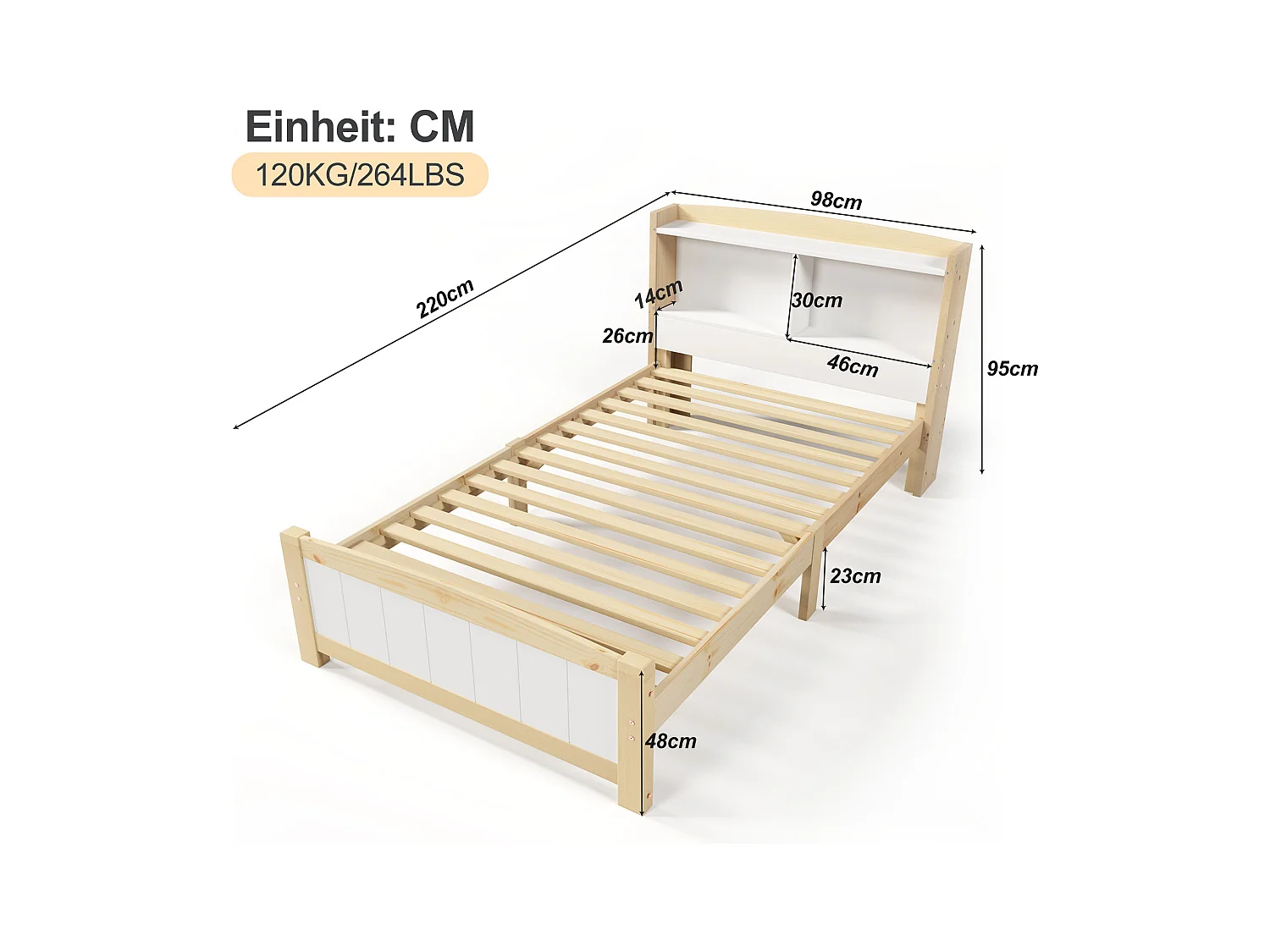 Letto singolo con testiera contenitore, in legno massello, beige e naturale (98x220x95cm)