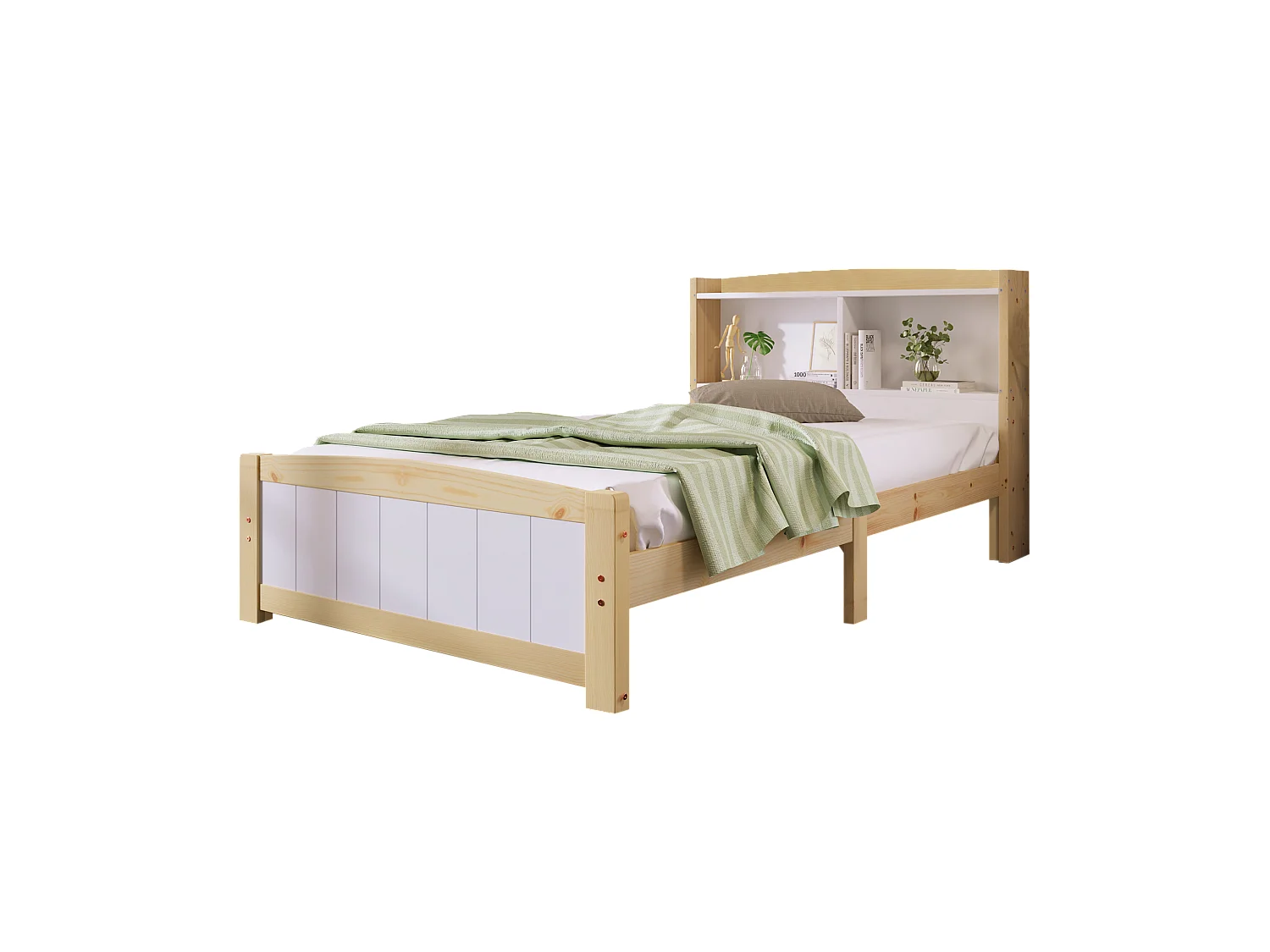 Letto singolo con testiera contenitore, in legno massello, beige e naturale (98x220x95cm)