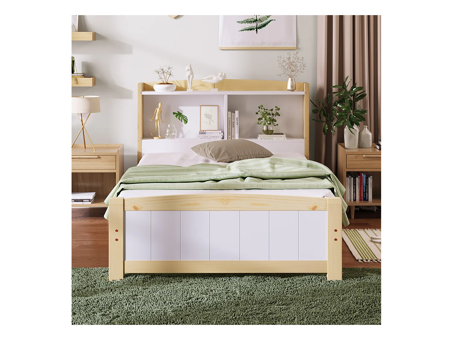 Letto singolo con testiera contenitore, in legno massello, beige e naturale (98x220x95cm)