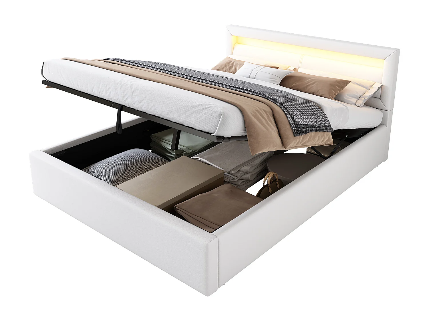 Letto LED, 140\200 cm, con rete a doghe e contenitore, testiera illuminata, bianco, PU e legno (Dimensioni: 198,76 x 31,12 x 19,05 cm)