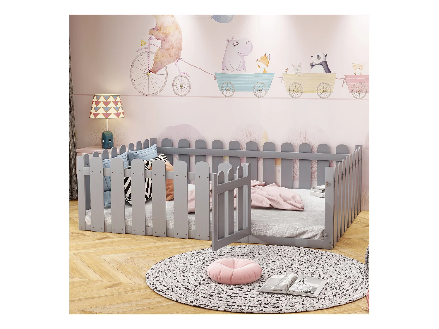 Lit enfant 140x200, cadre en bois avec clôture et porte, gris (205.5x146.8x60.2 cm)