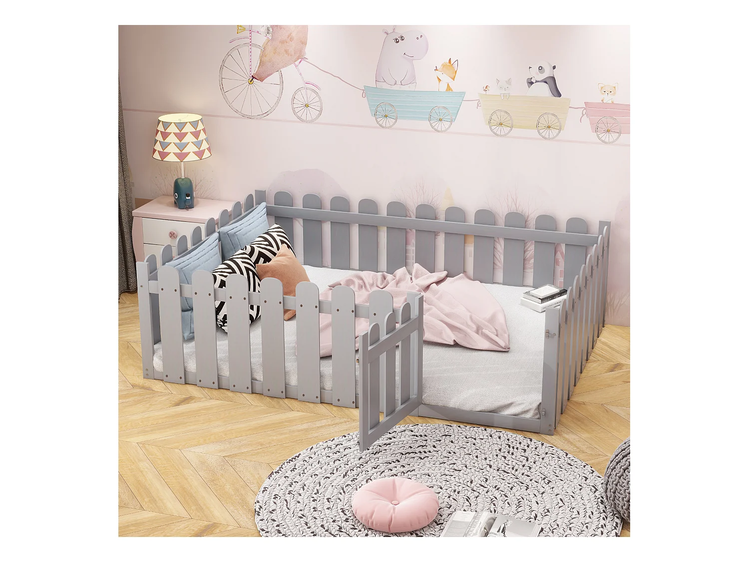 Lit enfant 140x200, cadre en bois avec clôture et porte, gris (205.5x146.8x60.2 cm)