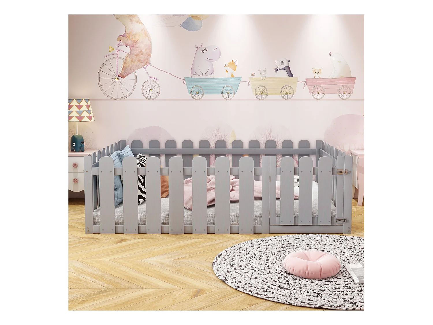 Lit enfant 140x200, cadre en bois avec clôture et porte, gris (205.5x146.8x60.2 cm)