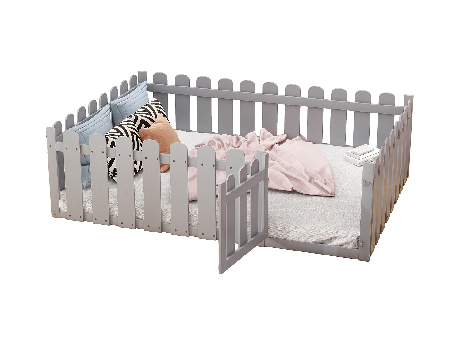 Lit enfant 140x200, cadre en bois avec clôture et porte, gris (205.5x146.8x60.2 cm)