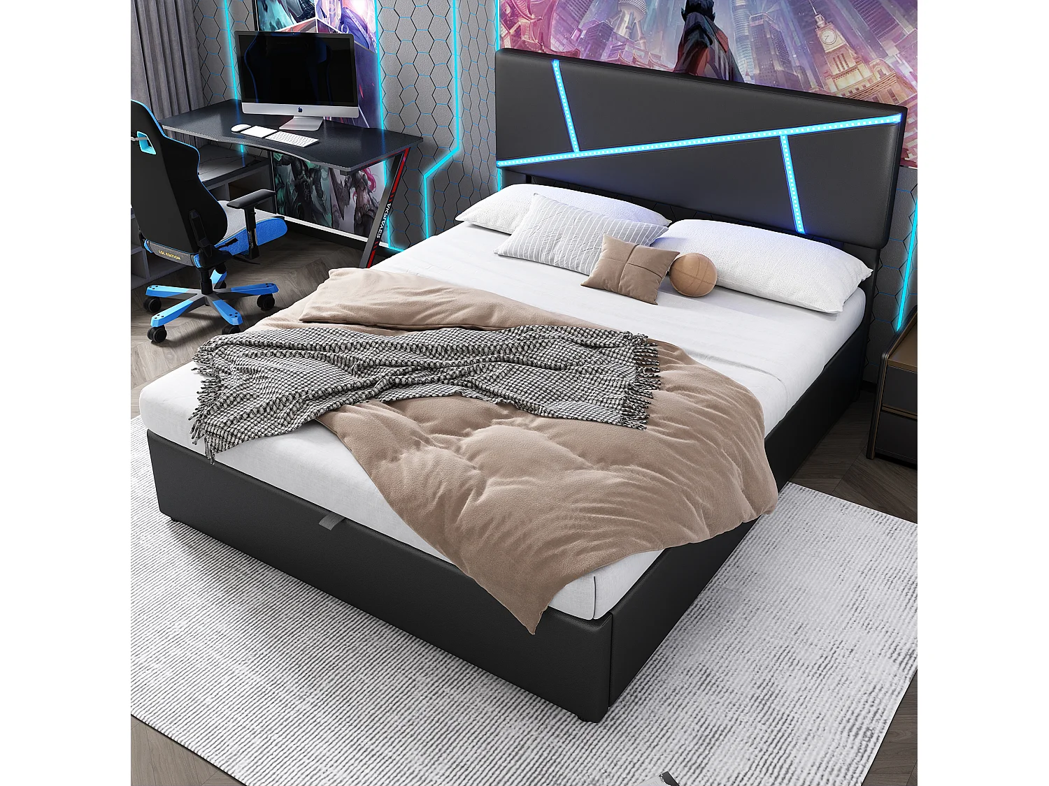 Gestoffeerd bed 140\200 met lattenbodem, verstelbaar hoofdeinde, PU, beige (140x200 cm)