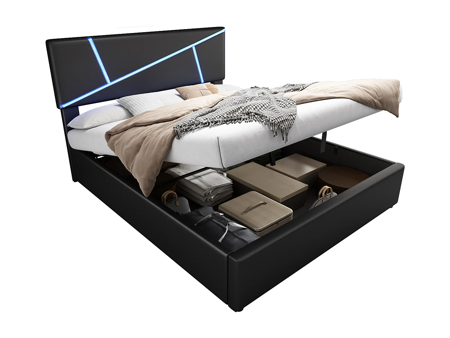 Gestoffeerd bed 140\200 met lattenbodem, verstelbaar hoofdeinde, PU, beige (140x200 cm)