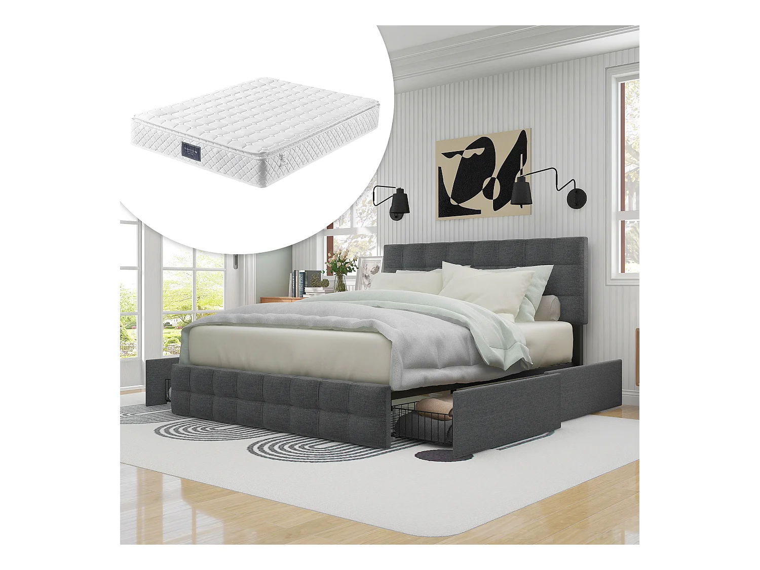 Lit tapissé avec 4 tiroirs, matelas à ressorts ensachés, tête de lit réglable, lin gris (210x146x112cm)