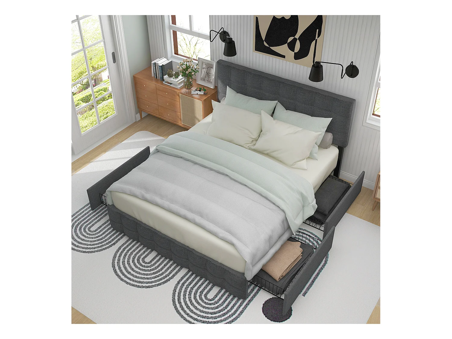 Lit tapissé avec 4 tiroirs, matelas à ressorts ensachés, tête de lit réglable, lin gris (210x146x112cm)