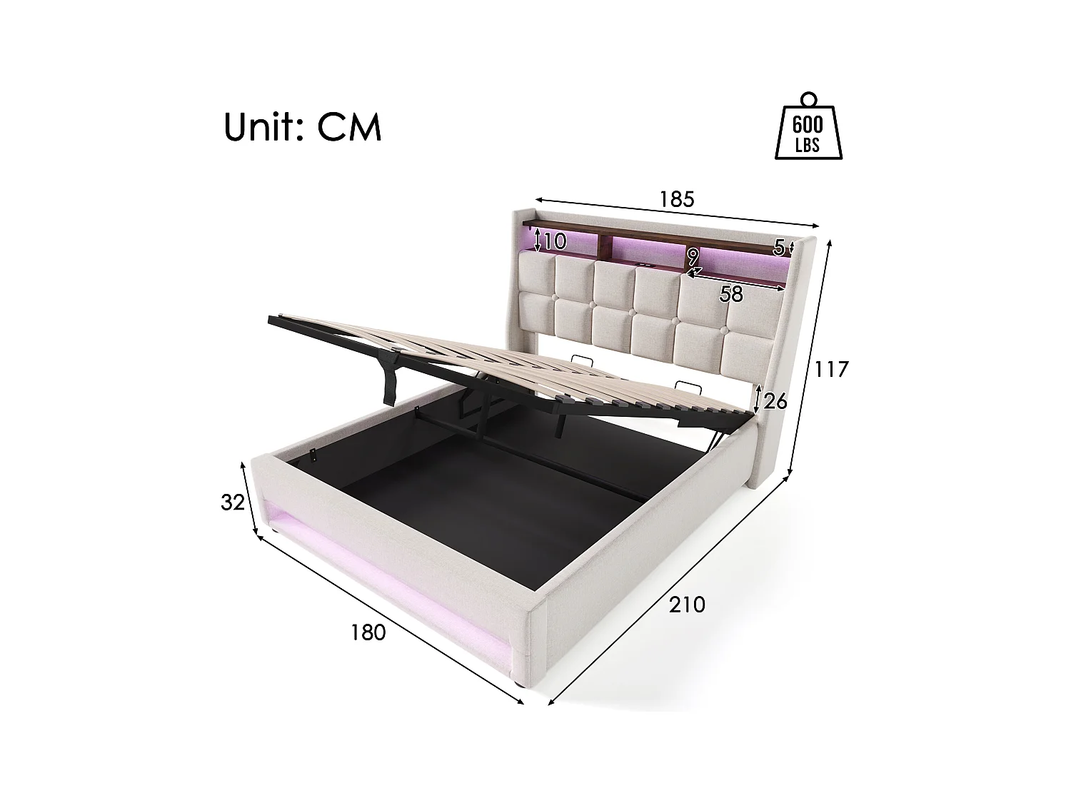 Lit double LED avec USB, cadre en lin beige, sommier métal, design vintage (185x210x117cm)