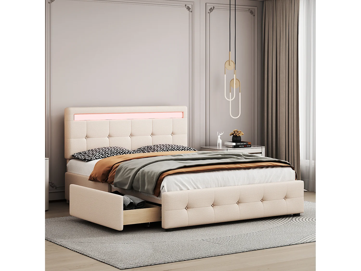 Cama de 140x200cm con LED, somier de láminas, 4 cajones con ruedas, tela de lino beige, cabecero tapizado (210x149x106cm)