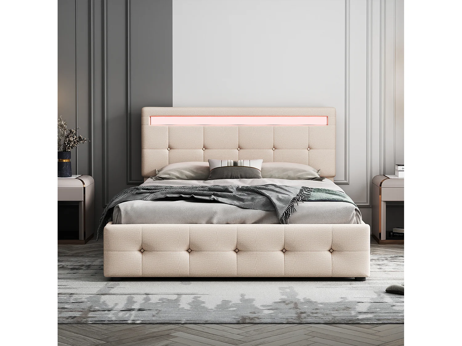 Cama de 140x200cm con LED, somier de láminas, 4 cajones con ruedas, tela de lino beige, cabecero tapizado (210x149x106cm)