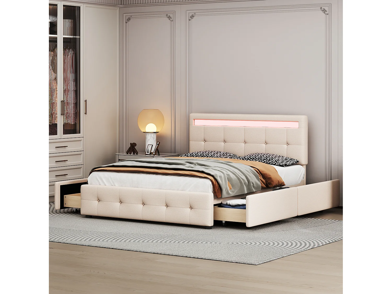 Cama de 140x200cm con LED, somier de láminas, 4 cajones con ruedas, tela de lino beige, cabecero tapizado (210x149x106cm)