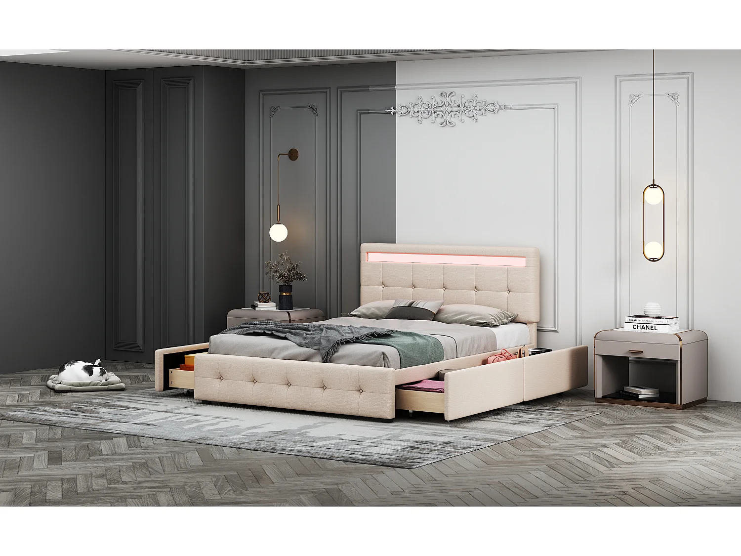 Cama de 140x200cm con LED, somier de láminas, 4 cajones con ruedas, tela de lino beige, cabecero tapizado (210x149x106cm)